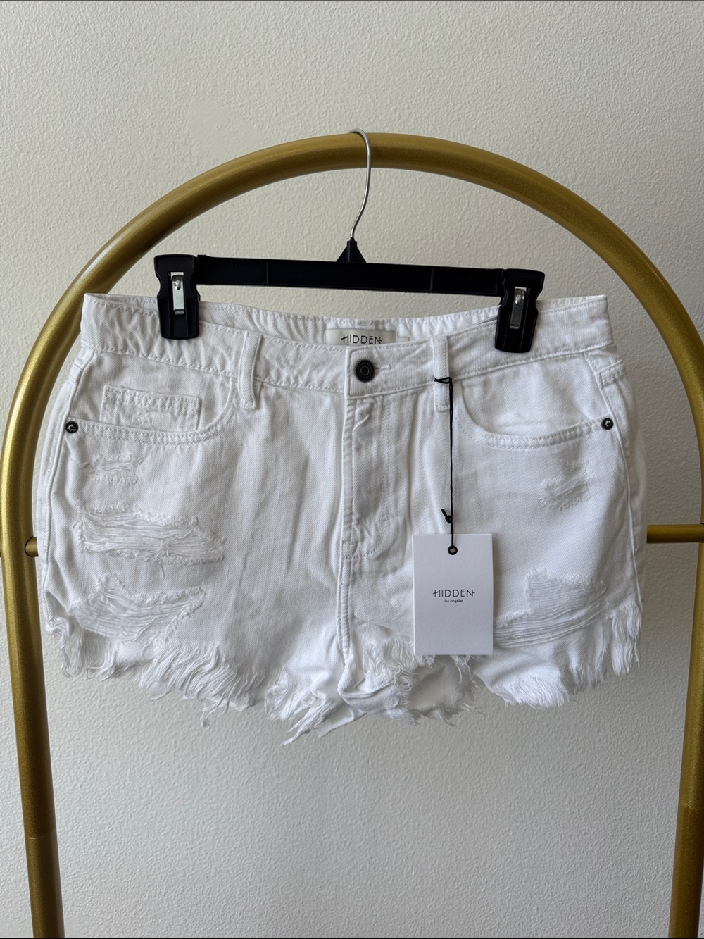 HIDDEN White Distressed Denim Shorts - Frayed Hem
